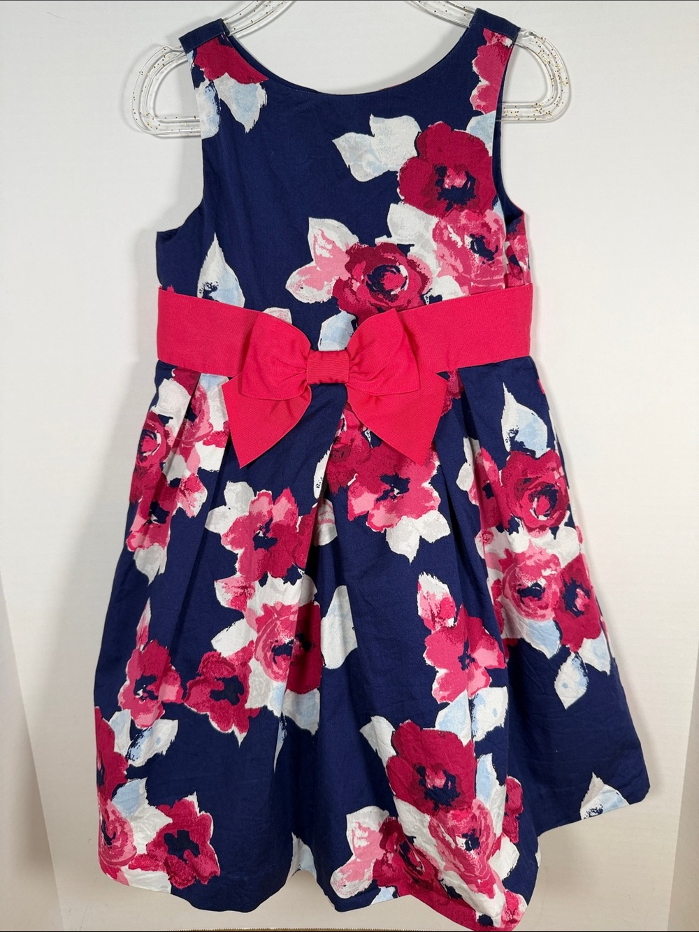 Janie and Jack Girls Floral Navy & Pink Bow  Sateen Party Dress